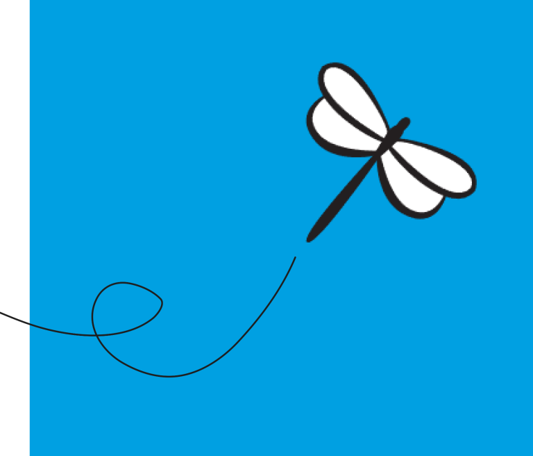 Eine stilisierte Libelle fliegt vor einem hellblauen Hintergrund.